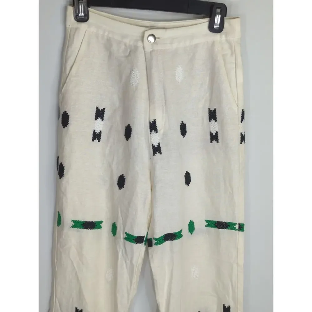 Zara‎ White & Green Geometric Embroidered Linen Pants Small Coastal Bohemian